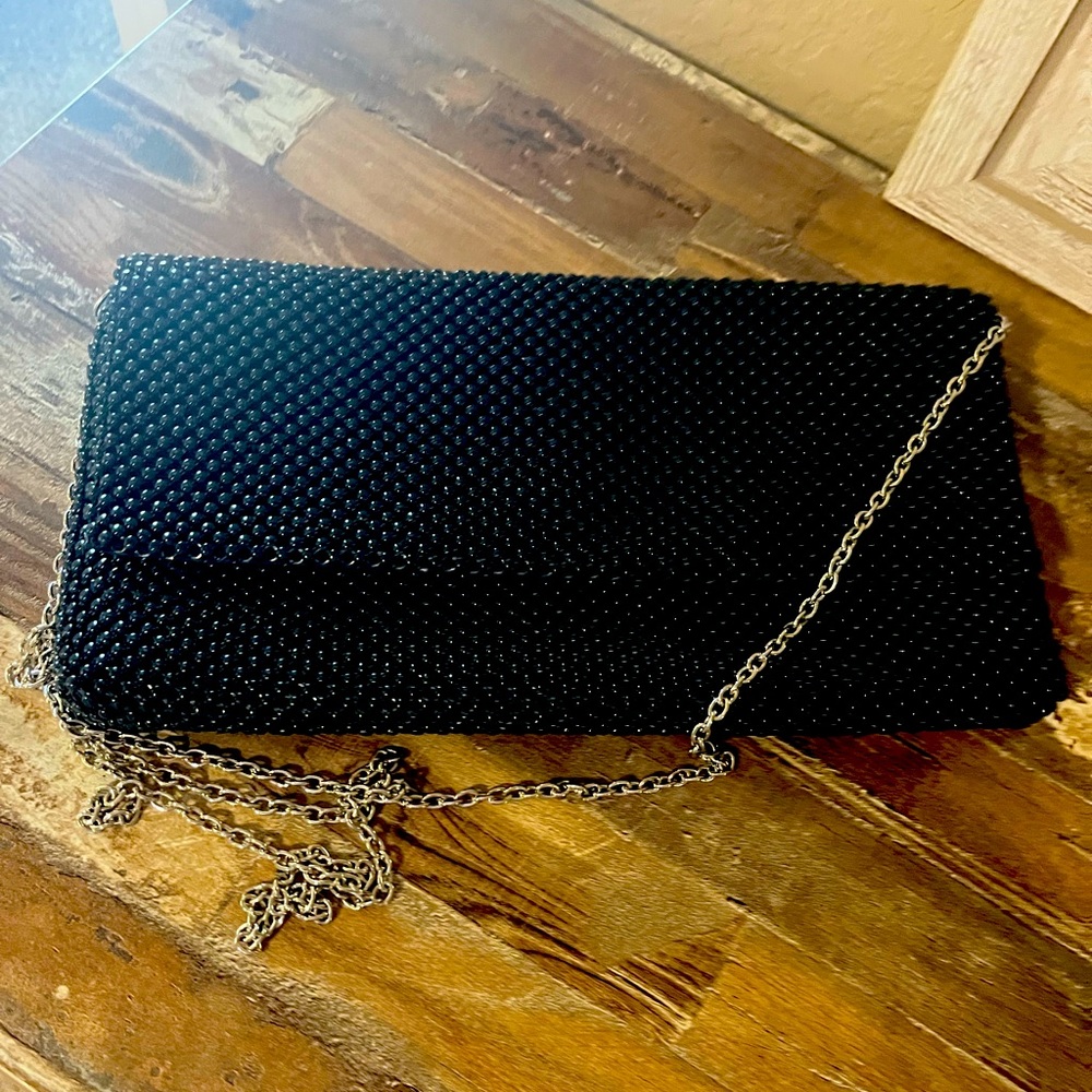 Navy, beaded clutch with silver chain for crossbody! Like NEW, never worn!